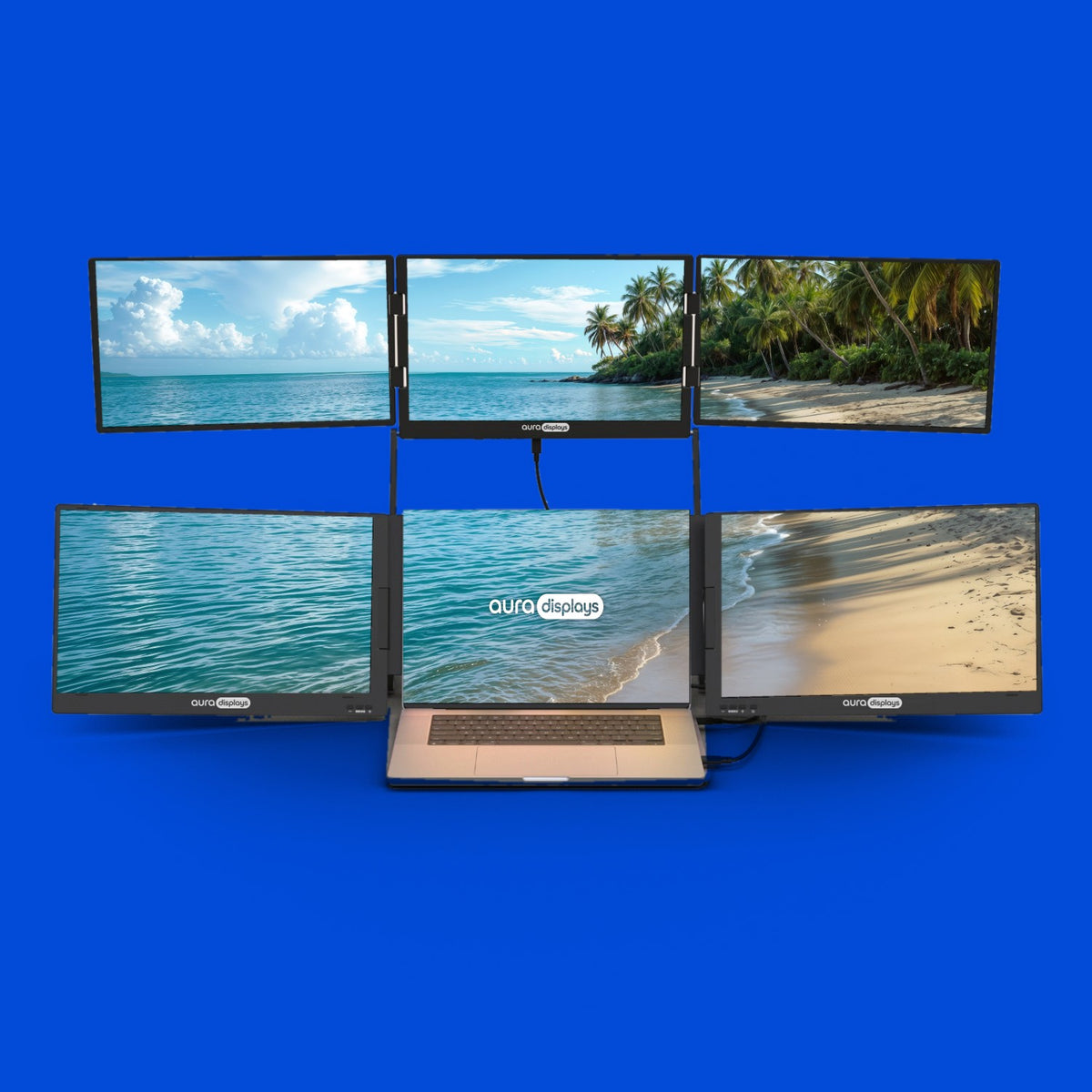 Sunlit Palms wallpaper shown across six Aura Displays screens with a laptop